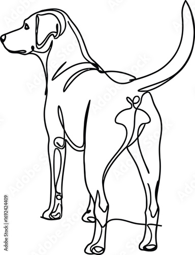 Minimalist line art captures a dog's playful stance, back view