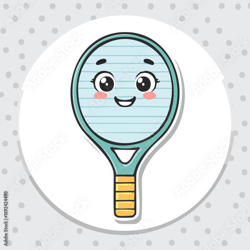 A cute kawaii-style cartoon tennis racket with a smiling face and rosy cheeks on a polka dot background.