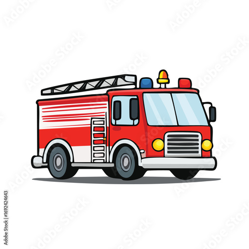 A vibrant cartoon illustration of a red fire truck with ladders and emergency lights, depicted on a white background, ready for action.