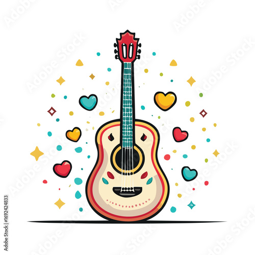 Colorful cartoon acoustic guitar surrounded by hearts and stars, depicting a joyful musical theme.