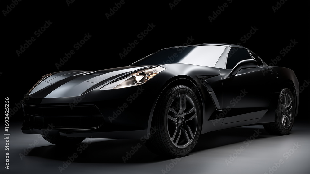 Obraz premium Luxury black performance car studio shot on black backdrop
