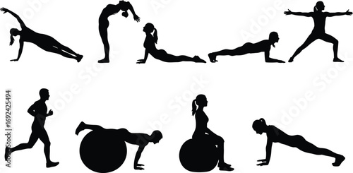 Silhouette Vector of People Performing Fitness Exercises, Yoga, Stretching and Workout Poses Including Stability Ball and Bodyweight Training