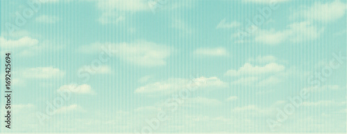 Blue sky vector with line clouds. Linear halftone retro engrave style abstract background.