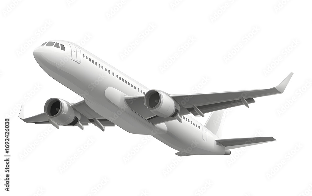 Fototapeta premium Sleek modern jetliner ascends powerfully, symbolizing global travel and boundless journeys for business and leisure.