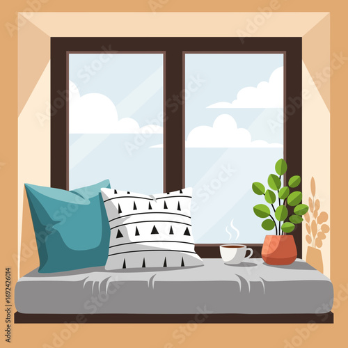 Cozy window seat with pillows and a plant.