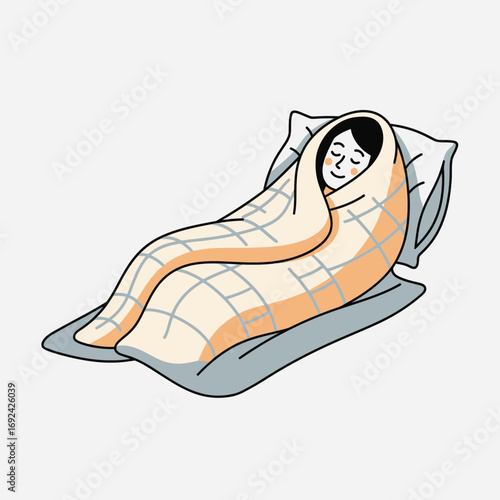 Person sleeping comfortably wrapped in a blanket on a mat.