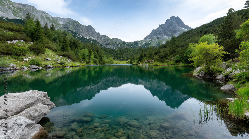 Fototapeta premium Beautiful alpine lake landscape with mountain backdrop