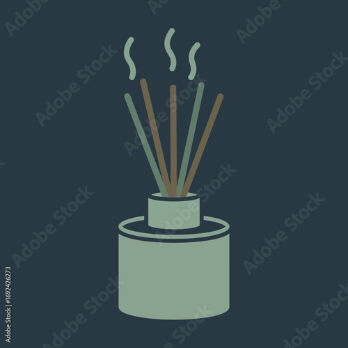 Incense sticks in a holder emitting smoke against a dark background.