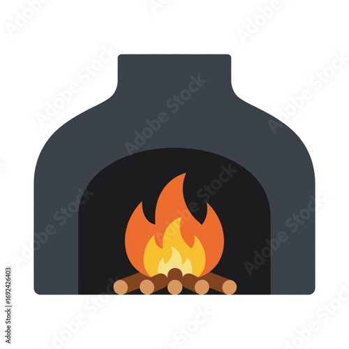 A dark gray fireplace with a bright orange fire.