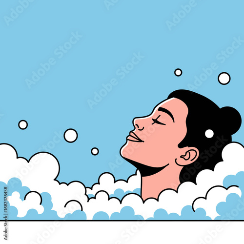 Person relaxing in a bubble bath with eyes closed.