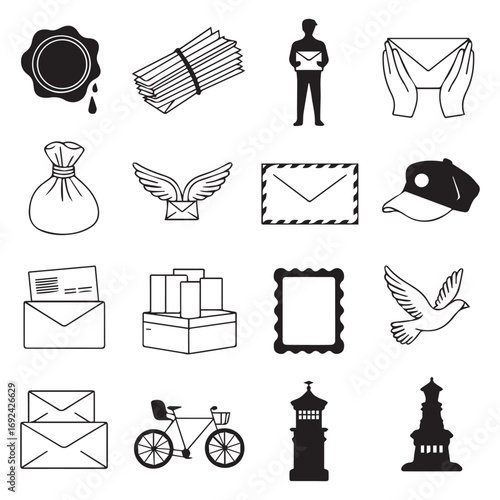 Collection of vintage postal service icons and symbols representing mail delivery and communication throughout history