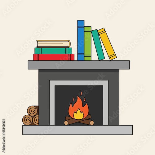 Cozy fireplace with books and stacked firewood.