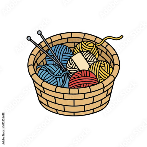 Basket filled with colorful yarn and knitting needles.