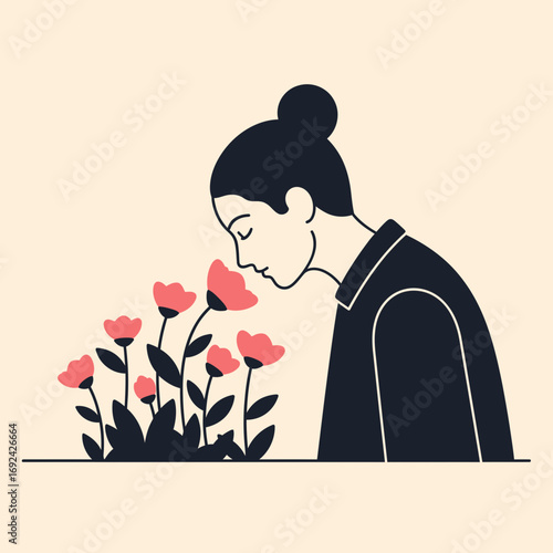 Person smelling flowers with eyes closed against a light background.