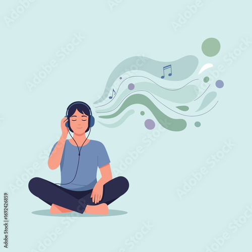 Person listening to music with headphones, abstract shapes emanating.