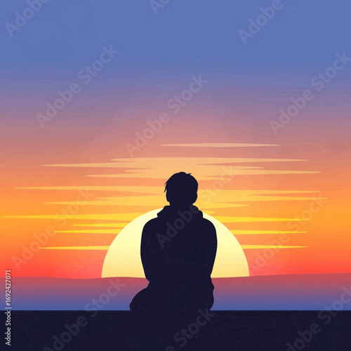 Silhouette of a person kneeling against a vibrant sunset.