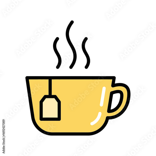 Yellow cup with steaming tea and tea bag icon.