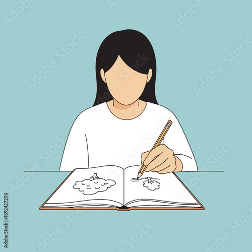 Person drawing in a sketchbook with a pen.
