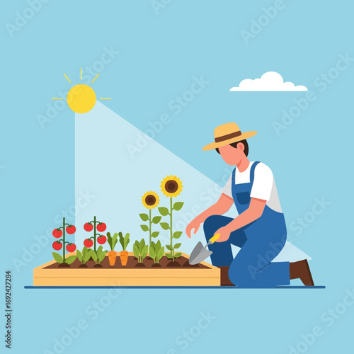 Farmer tending to a sunny garden with sunflowers and vegetables.