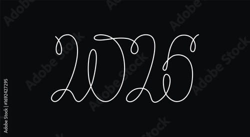 2026 sign - decoration continuous line hand drawing sign for year calendar. Vector stock illustration minimalism design isolated on black chalkboard background. Editable stroke single line. 