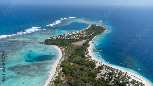 Stunning drone view of Morrocoy National Park in Venezuela, showing turquoise waters, coral reefs, sandy beaches, and tropical vegetation. Perfect concept for paradise, travel, and nature