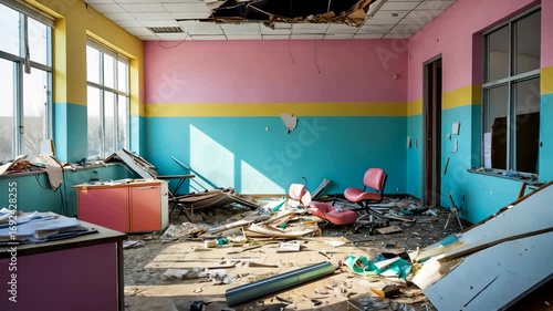 Old abandoned classroom interior with broken desks shattered furniture colorful walls and scattered floor debris
