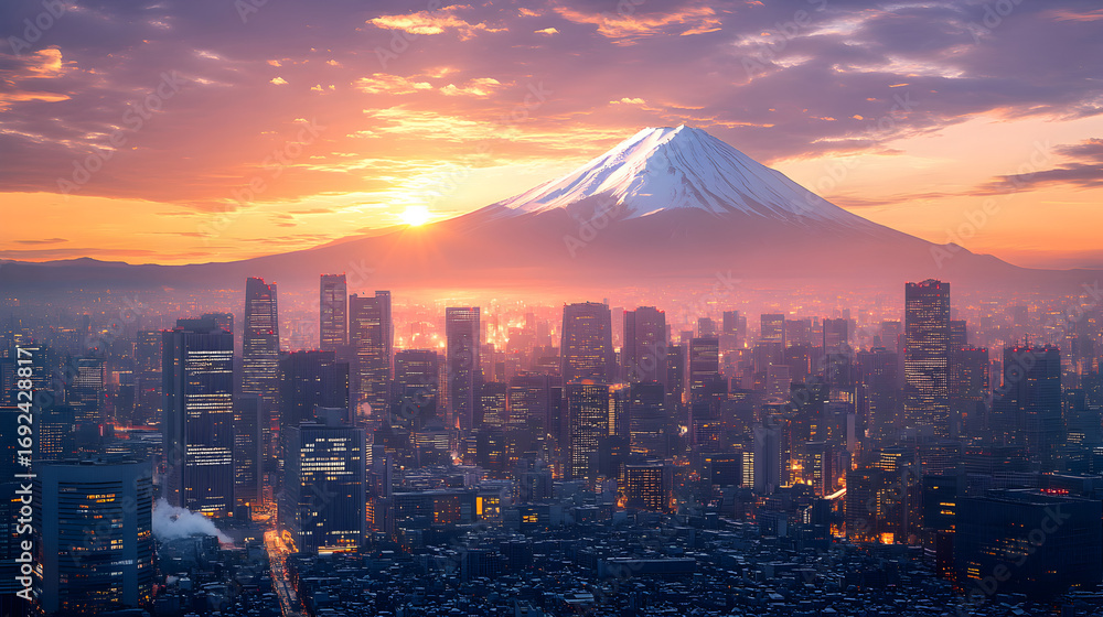 Naklejka premium Scenic Tokyo cityscape panorama at twilight with glowing skyline and snow-covered Mount Fuji, dynamic Japanese urban travel background, perfect for commercial and editorial tourism illustration design