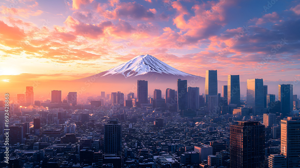 Naklejka premium Panoramic twilight view of Tokyo skyline with snow-covered Mount Fuji, majestic urban cityscape of Japan, dynamic commercial and editorial travel background showcasing modern architecture and nature
