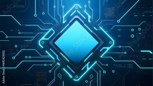 Blue Diamond Shape Surrounded by Circuit Patterns on a Dark Background