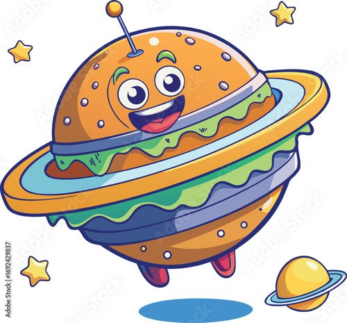 Whimsical burger planet with a friendly face floats in outer space amongst stars