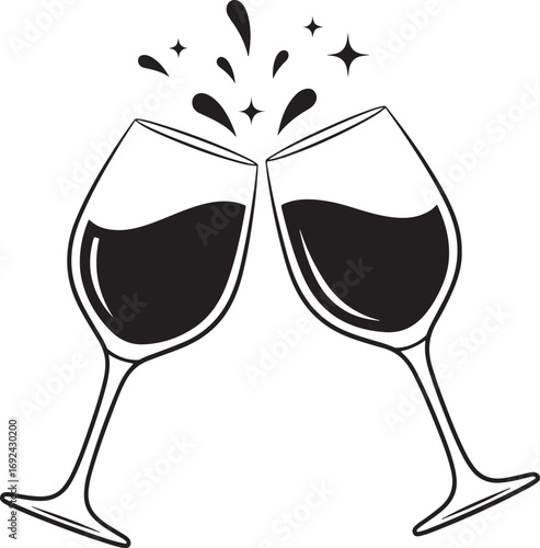 Black and white outline of two wine glasses toasting goblet stemware