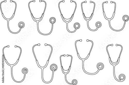 Set of black stethoscope line icons, vector medical equipment illustration, healthcare diagnostic tool, hospital checkup instrument, doctor equipment isolated