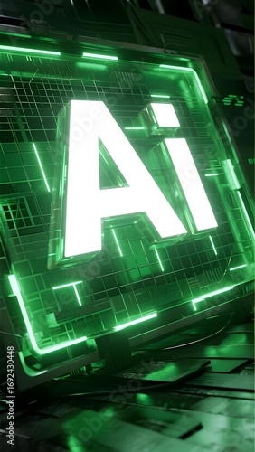 Green neon-lit letters 'Ai' embedded in a futuristic, grid-patterned structure