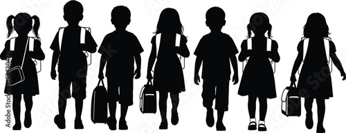 Silhouette group of school children walking with backpacks, boys and girls, student vector illustration for education, school, learning, and childhood themes