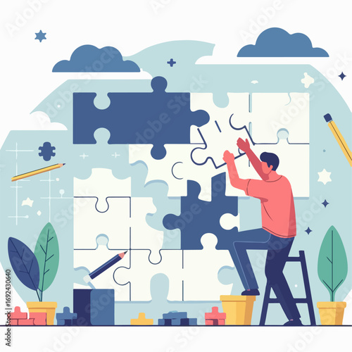 Illustration of a businessman putting together a puzzle