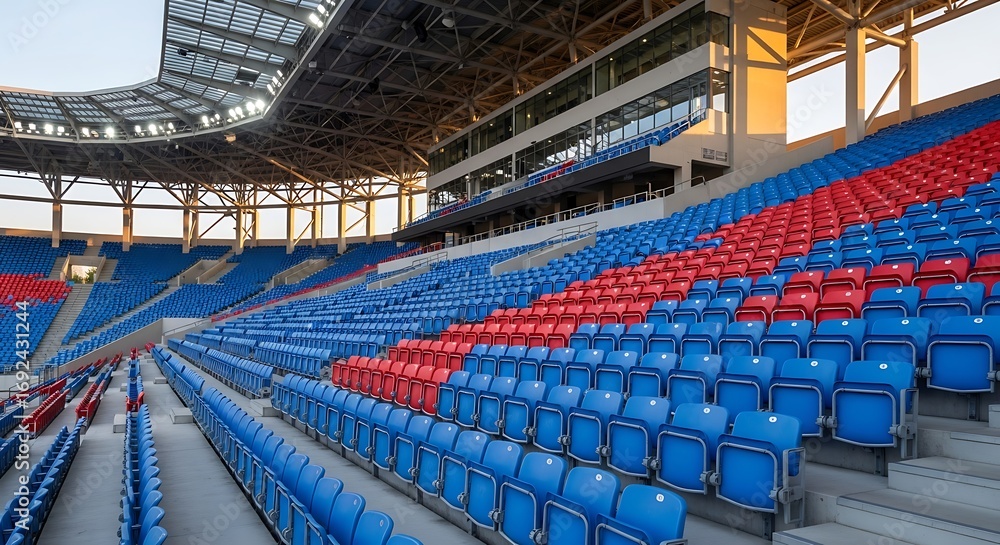 Naklejka premium Empty colorful seats inside modern sports stadium 