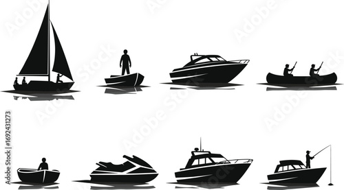 Silhouette set of boats and people, including sailboats, speedboats, jet skis, canoes, and fishing boats, vector marine transport illustration collection