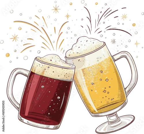 Two Mugs of Beer Clinking Together with Fireworks and Bubbles lager stout