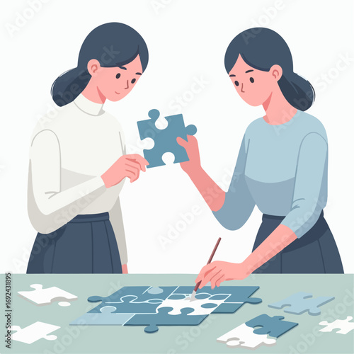 Illustration of a woman putting together a puzzle