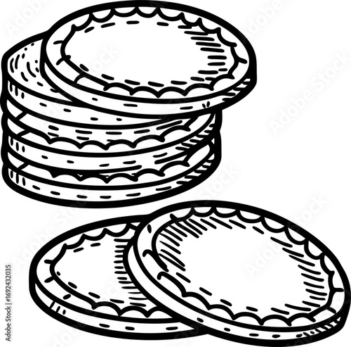 Round cookies pile with two pieces in front hand drawn sweet biscuit stack, black and white sketch illustration