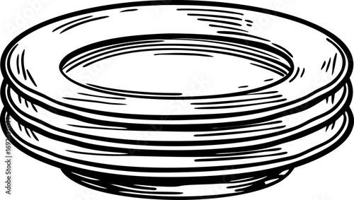 Stack of empty ceramic plates hand drawn vintage illustration of kitchen dishware, clean simple round plates