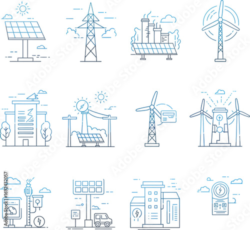 Outline illustrations of various renewable energy sources and infrastructure.