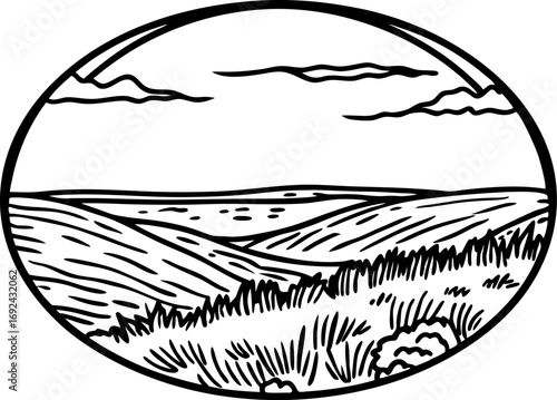 Rolling hills landscape illustration, nature oval frame with grass, clouds, and wide horizon line drawing