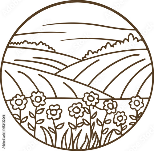Rolling countryside landscape with blooming wildflowers, farmland fields, and distant hills in circular outline illustration