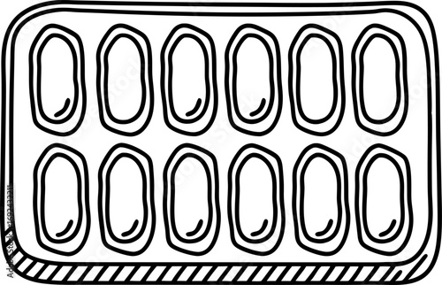 Ice cube tray illustration hand drawn outlined kitchen utensil with twelve compartments, simple graphic, minimalist