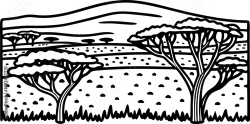 African savanna landscape illustration acacia trees, grassland and distant hills in black and white line art