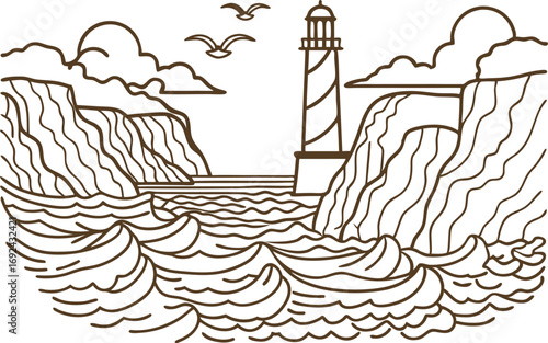 Lighthouse on rocky coastline with crashing ocean waves, cliffs, clouds, and flying seagulls in linear art