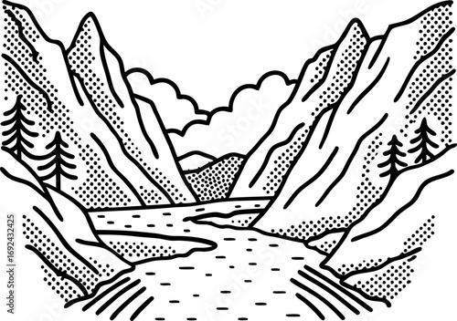 Mountain valley river landscape hand drawn illustration with pine trees, rocky peaks, flowing water and clouds