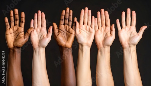 Diverse hands raised in the air