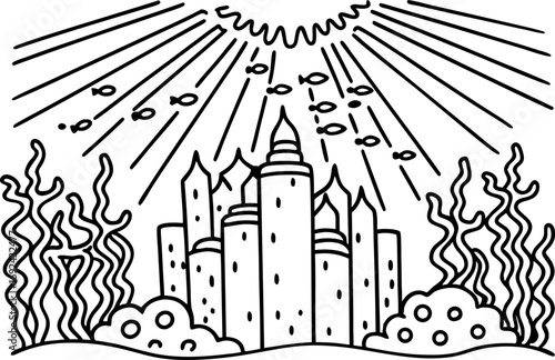 Underwater castle with seaweed, fish, and rays of sunlight ocean fantasy, marine adventure illustration